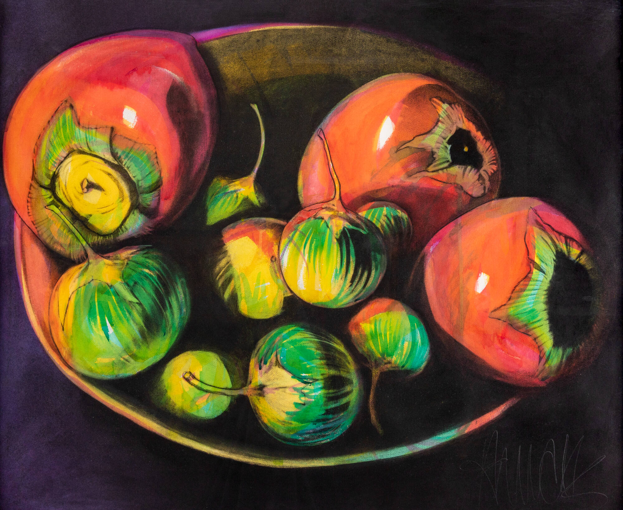 Still-life of vegetables in a bowl: peppers, tomatillos; black background.